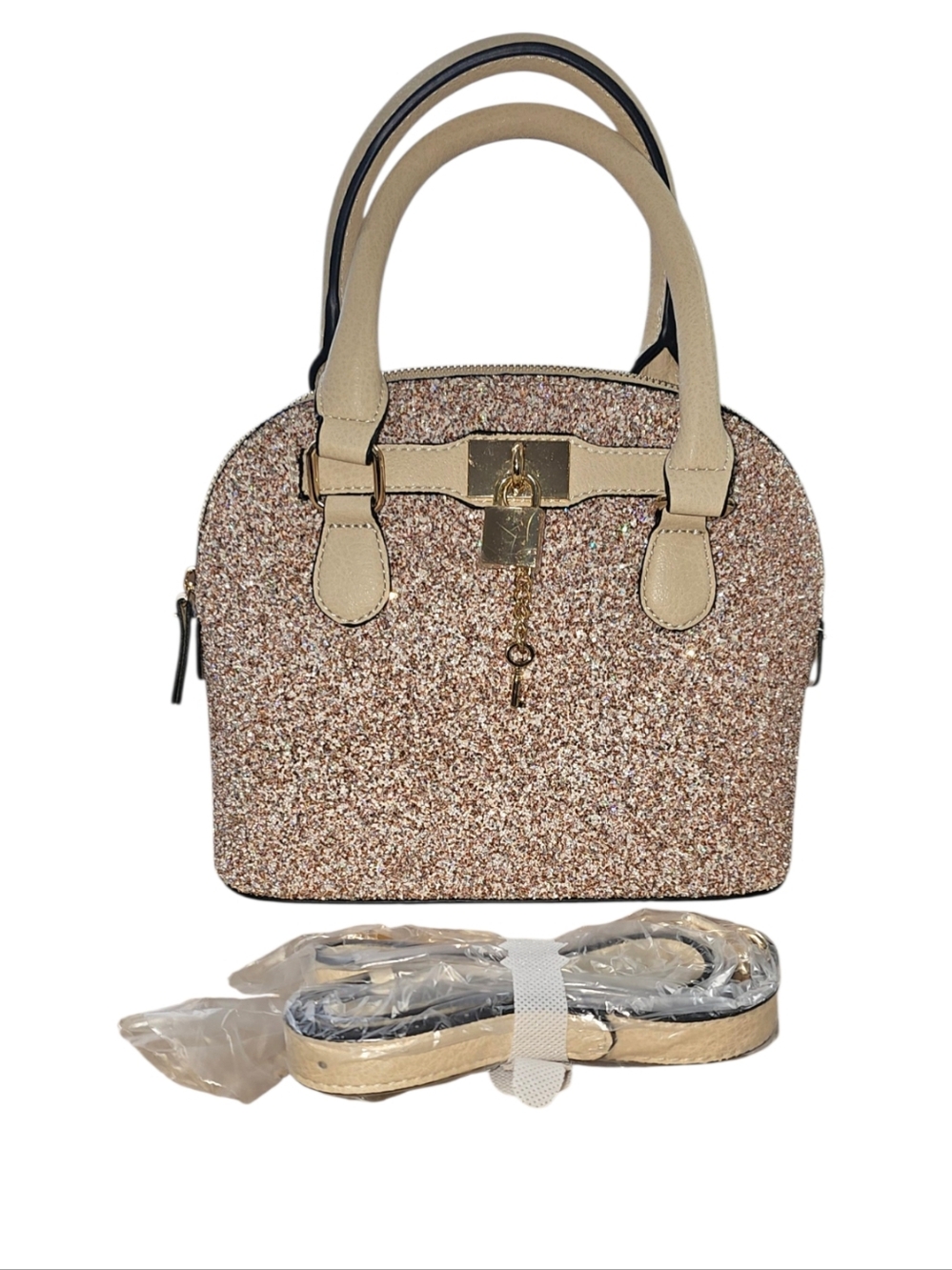 ALDO Champagne Glitter Dome Satchel Lock & Key Crossbody NWT Gift Ready - Picture 2 of 11